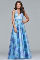 Faviana - S10036 Floral Printed Deep V-neck A-line Dress