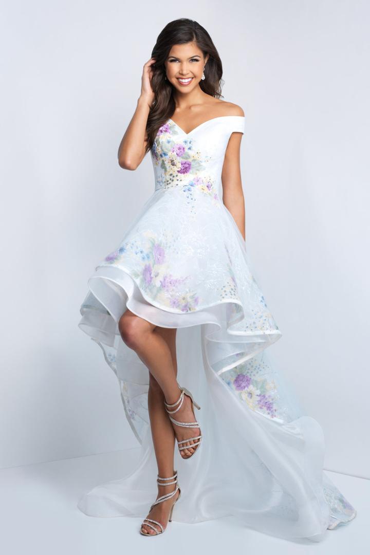 Blush - 11506 Floral Detailed Off Shoulder High Low Gown