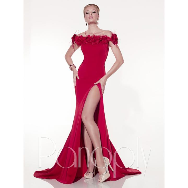 Panoply - Floral Off-the-shoulder With High Slit Trumpet Dress