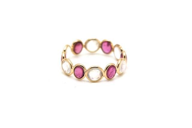 Tresor Collection - Rainbow Moonstone & Pink Tourmaline Stackable Ring Band In 18k Yellow Gold