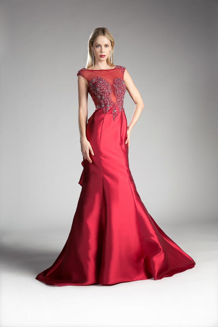 Cinderella Divine - Cap Sleeve Appliqued Plunging Illusion Gown