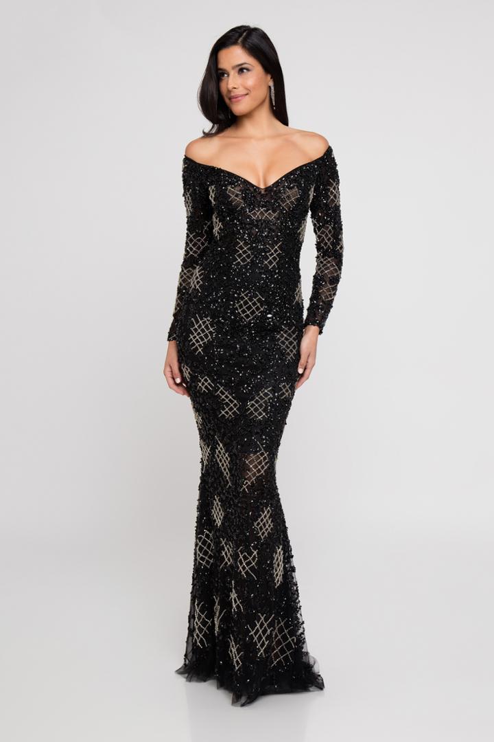 Terani Couture - 1811gl6473 Long Sleeve Lattice Off Shoulder Long Gown