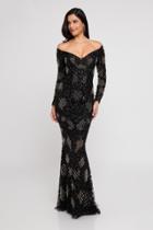 Terani Couture - 1811gl6473 Long Sleeve Lattice Off Shoulder Long Gown