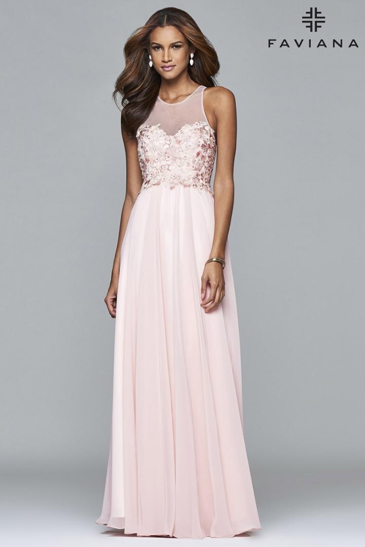 Faviana - S7997 Long Chiffon Fit And Flare With Applique Top