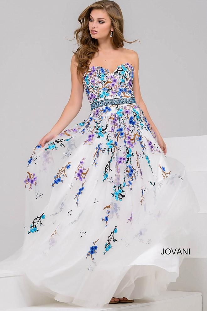 Jovani - Floral Embroidery Sweetheart Embellished Belt Gown 50551