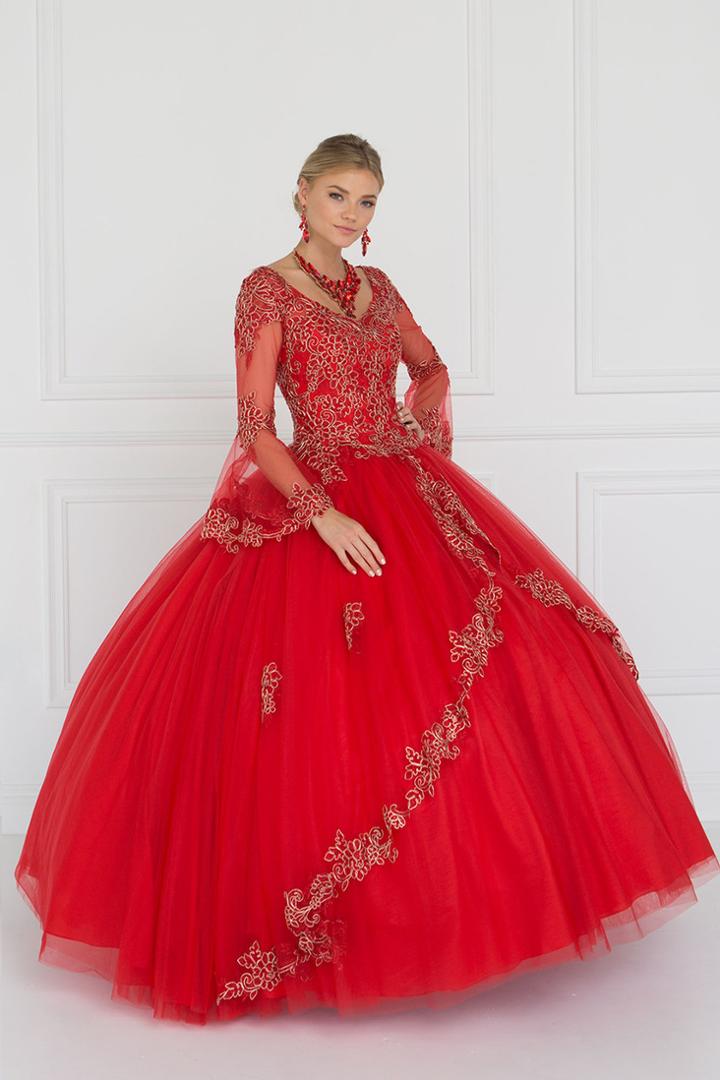 Elizabeth K - Gl1561 Embellished Sheer Long Bell Sleeve Ballgown
