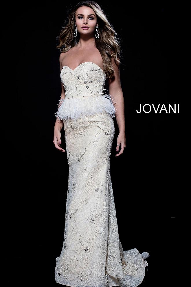 Jovani - 26723 Crystal Embellished Strapless Peplum Evening Gown