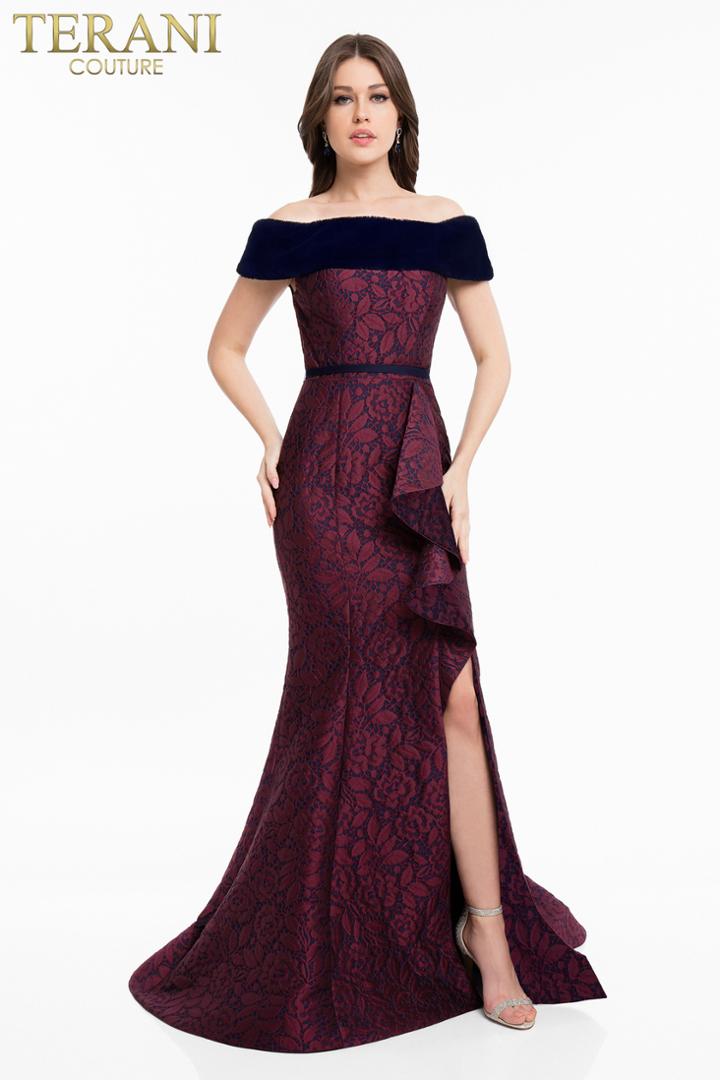 Terani Couture - 1823e7366 Faux Fur Brocade Trumpet Gown