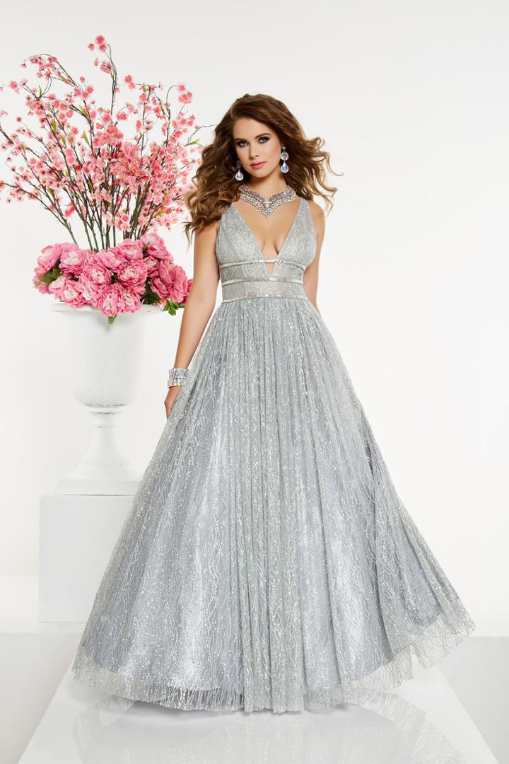 Panoply - 14907 Ornate Tri-band Accented Plunge Metallic Ballgown