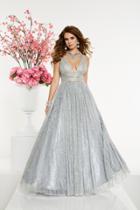 Panoply - 14907 Ornate Tri-band Accented Plunge Metallic Ballgown