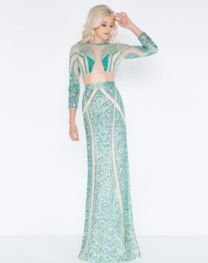 Cassandra Stone - 4660a Long Sleeve Sequined Two-piece Gown