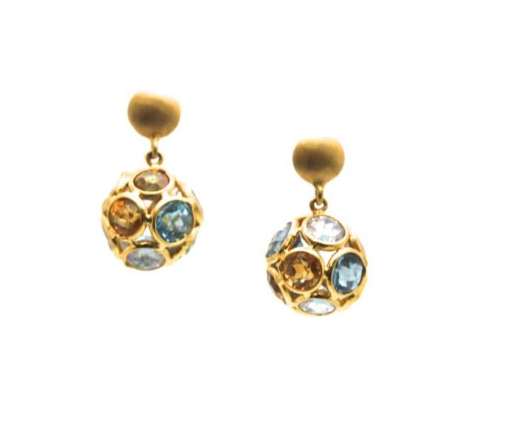 Tresor Collection - Multicolor Stones Origami Sphere Ball Earring In 18k Yellow Gold