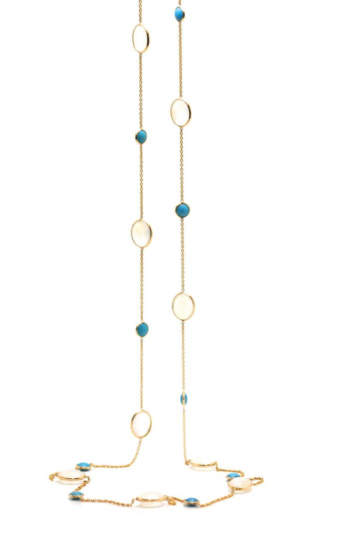 Tresor Collection - Rainbow Moonstone & Turquoise Long Necklace In 18k Yellow Gold
