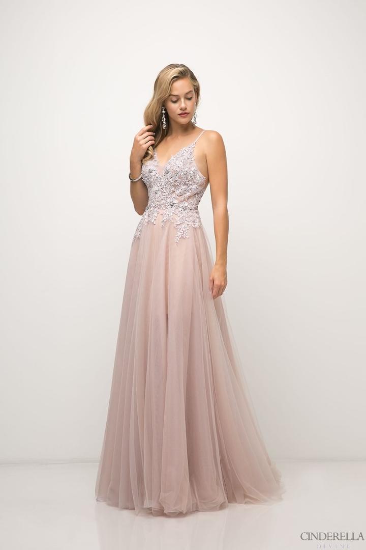 Cinderella Divine - Appliqued V-neck Tulle A-line Dress