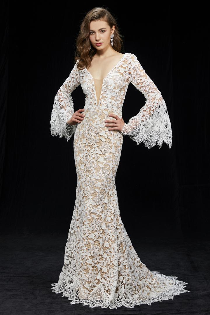 Angela And Alison - 81142 Long Bell Sleeves Fitted Lace Gown