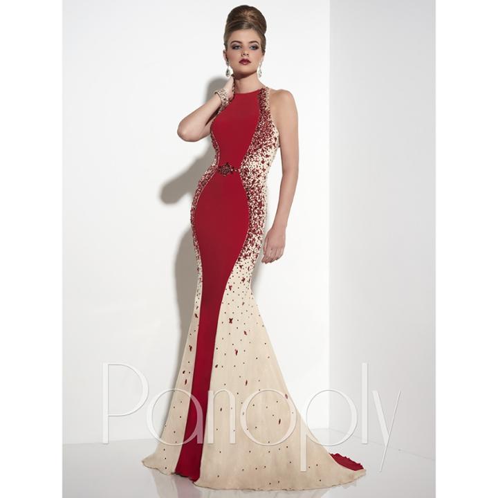 Panoply - Iridescent Color Blocked Trumpet Gown With Brooch Detail 14813