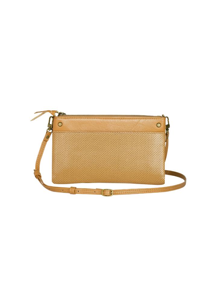 Mofe Handbags - Sonder Perforated Crossbody Wallet Tan/brass / Genuine Leather