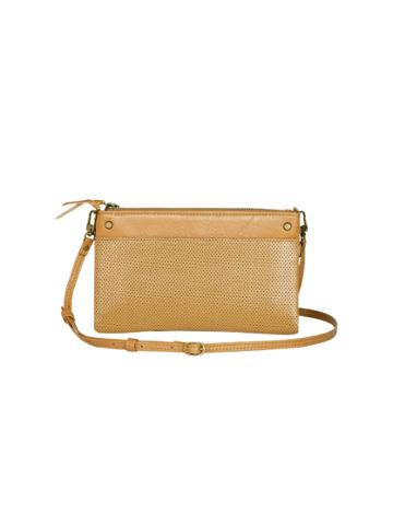Mofe Handbags - Sonder Perforated Crossbody Wallet Tan/brass / Genuine Leather