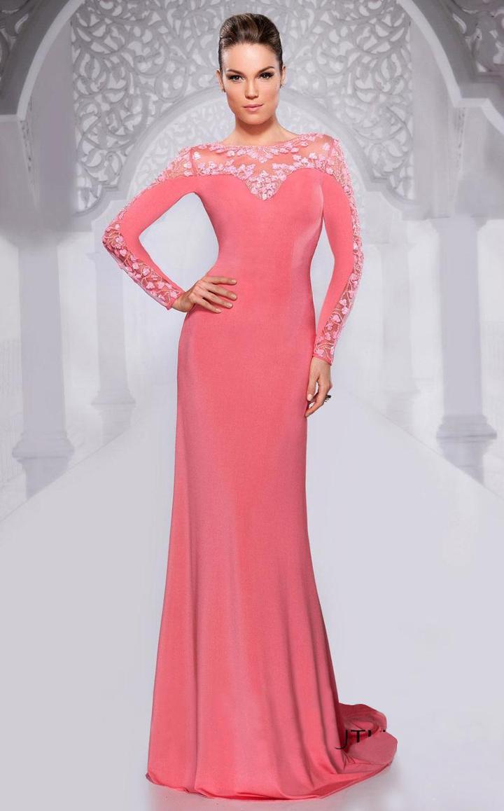 Mnm Couture - 9607w Sheered Long Sleeve Bejeweled Gown