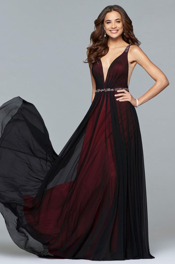 Faviana - S10040 Bead Embellished Deep V-neck A-line Dress