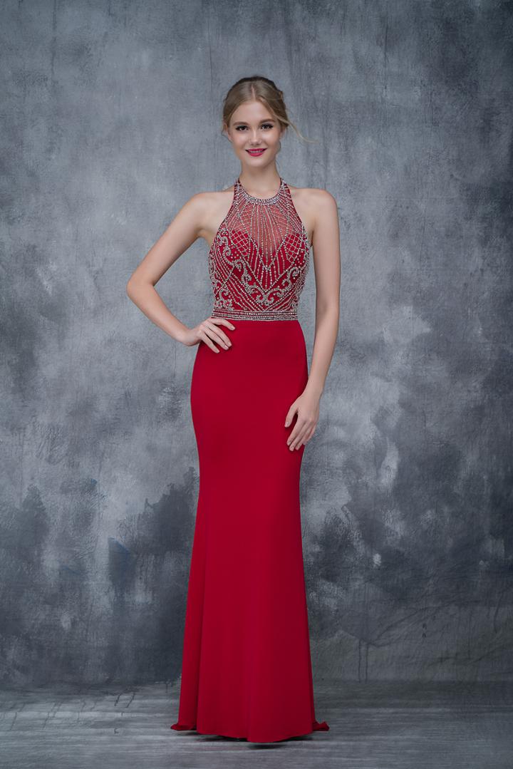 Nina Canacci - 2153 Bedazzled Illusion Halter Sheath Dress