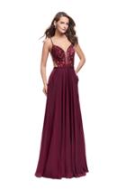 La Femme - 26243 Embroidered Lace Deep V-neck Chiffon Gown