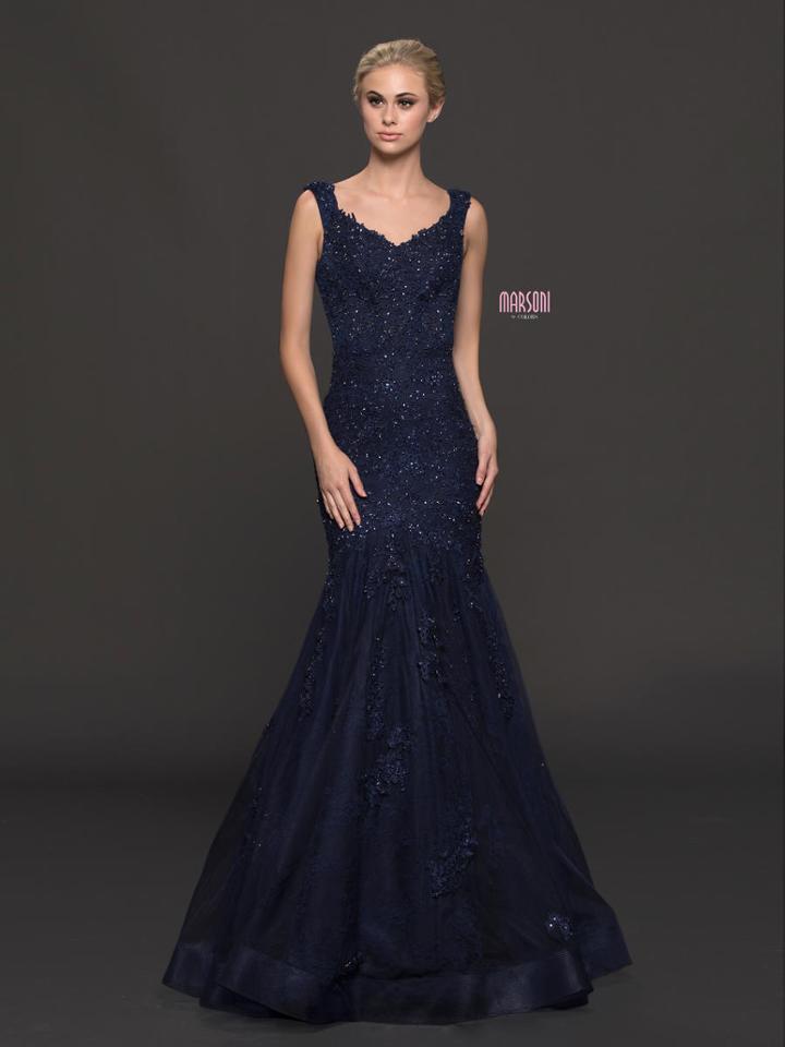 Marsoni By Colors - M215 Bejeweled Lace V-neck Trumpet Dress