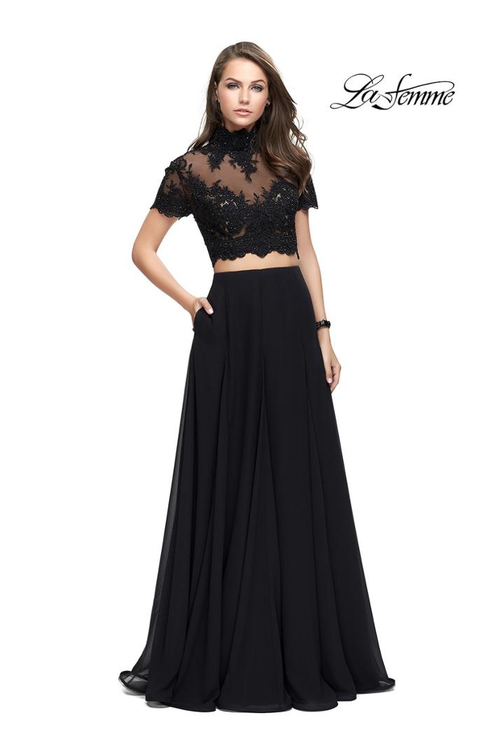 La Femme - 25401 Short Sleeve Illusion High Neck Two-piece A-line Gown