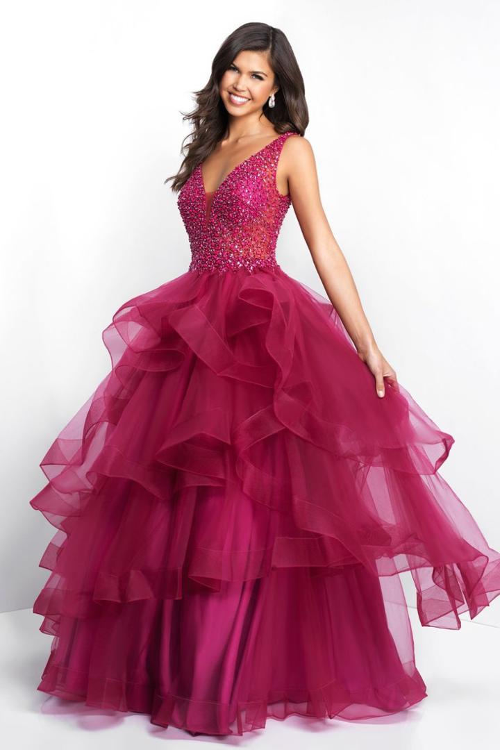 Blush - 5671 Embellished Deep V-neck Ballgown