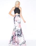 Cassandra Stone - 66374a Two Piece Buttoned Halter Printed Mikado Gown