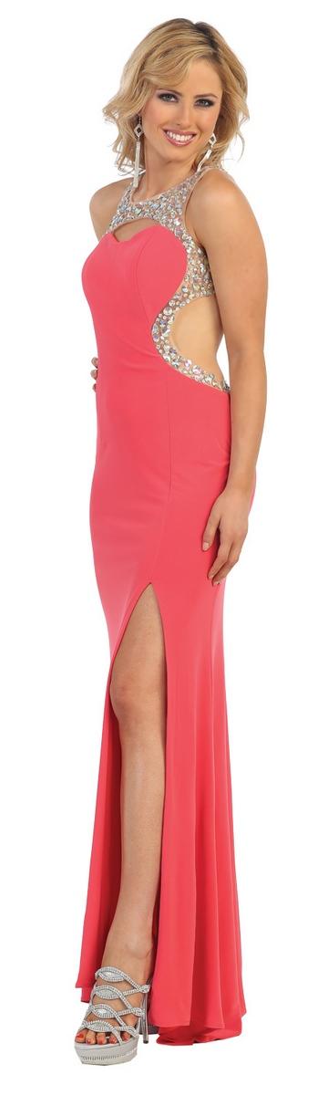 Long Jeweled Mermaid Open Back Dress With Slit