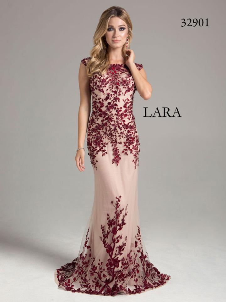 Lara Dresses - Floral Cap Sleeves Long Gown In Wine 32901
