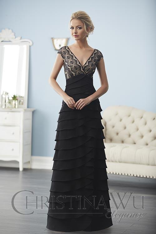 Christina Wu Elegance - 20241 Lace Plunging V-neck Tiered Sheath Dress