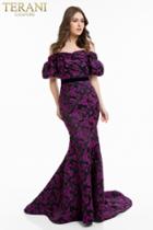 Terani Couture - 1823e7337 Shirred Off-shoulder Brocade Trumpet Gown