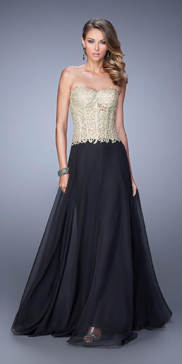 La Femme - 20969 Gold Embroidered A-line Dress