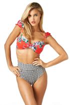 Montce Swim - Red Floral Cabana Top X Gingham High Rise Bottom Bikini Set