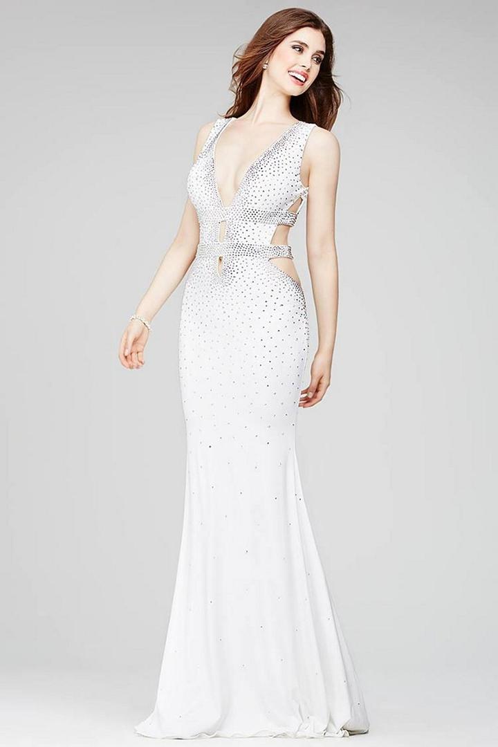 Jovani - 23185 Crystal Ornate Banded Plunge Cutout Jersey Gown