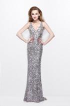 Primavera Couture - Lustrous Sequined V-neck Sheath Gown 1764