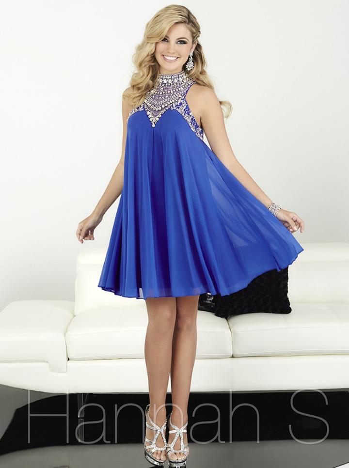 Hannah S - Bejeweled Halter Neckline A-line Short Dress 27065