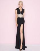 Mac Duggal - 82228l Cap Sleeves Deep V-neck Fitted Gown