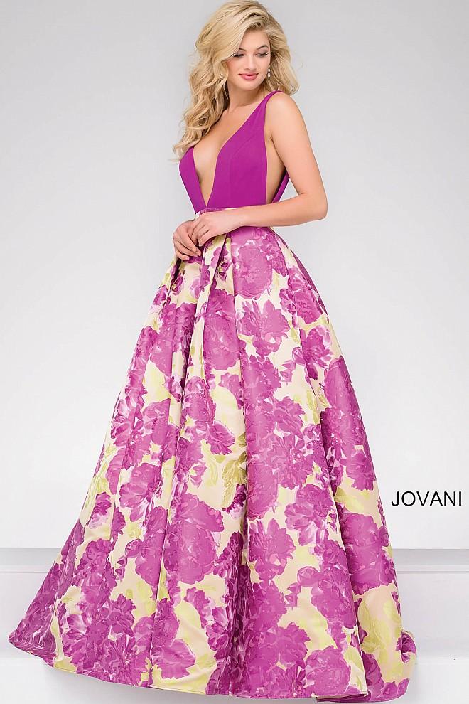 Jovani - Plunging Neckline Pleated Prom Ballgown 48923