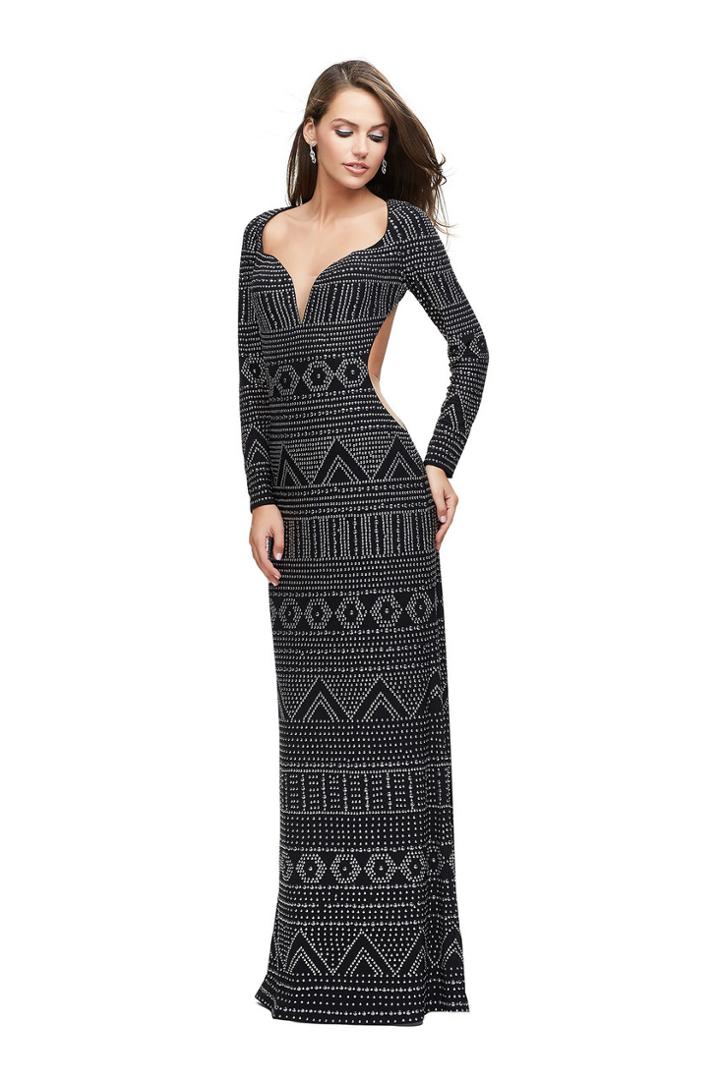 La Femme - 25872 Long Sleeve Patterned Metallic Beaded Evening Gown