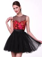 Cinderella Divine - Illusion Jewel Neck Floral Ornate Short Dress