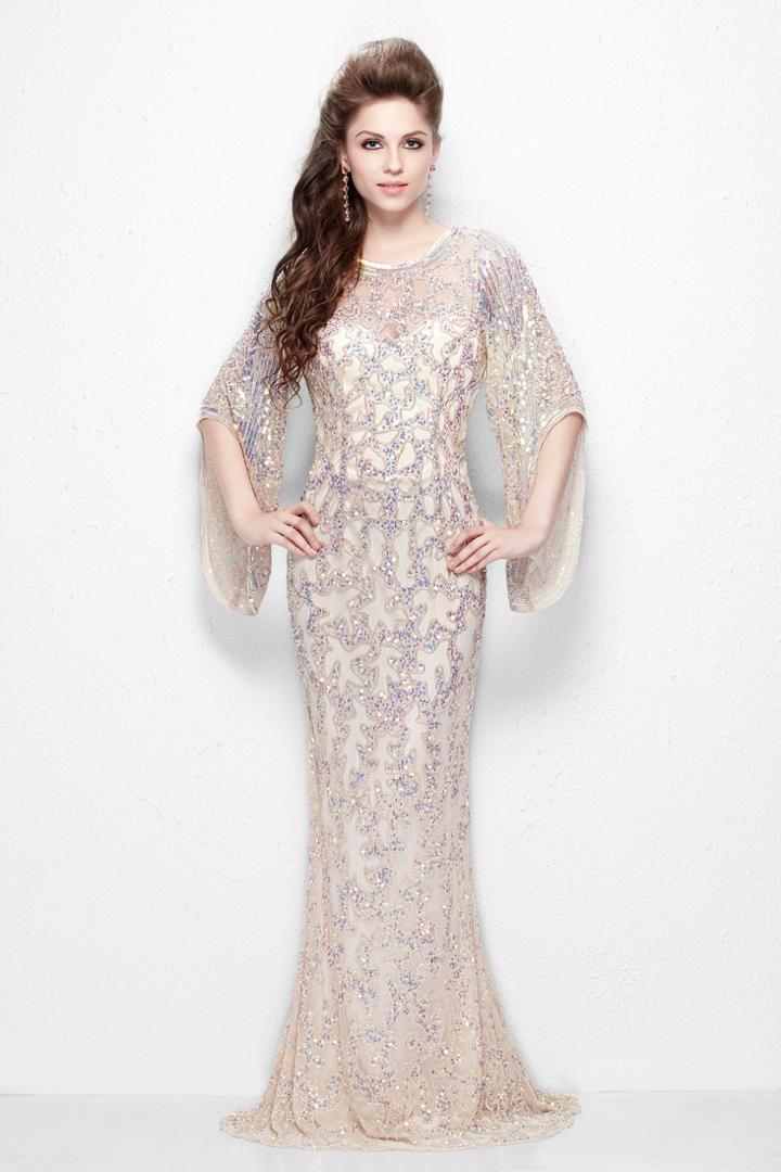 Primavera Couture - Luxurious Sequined Long Sheath Gown With Flared Sleeves 9713