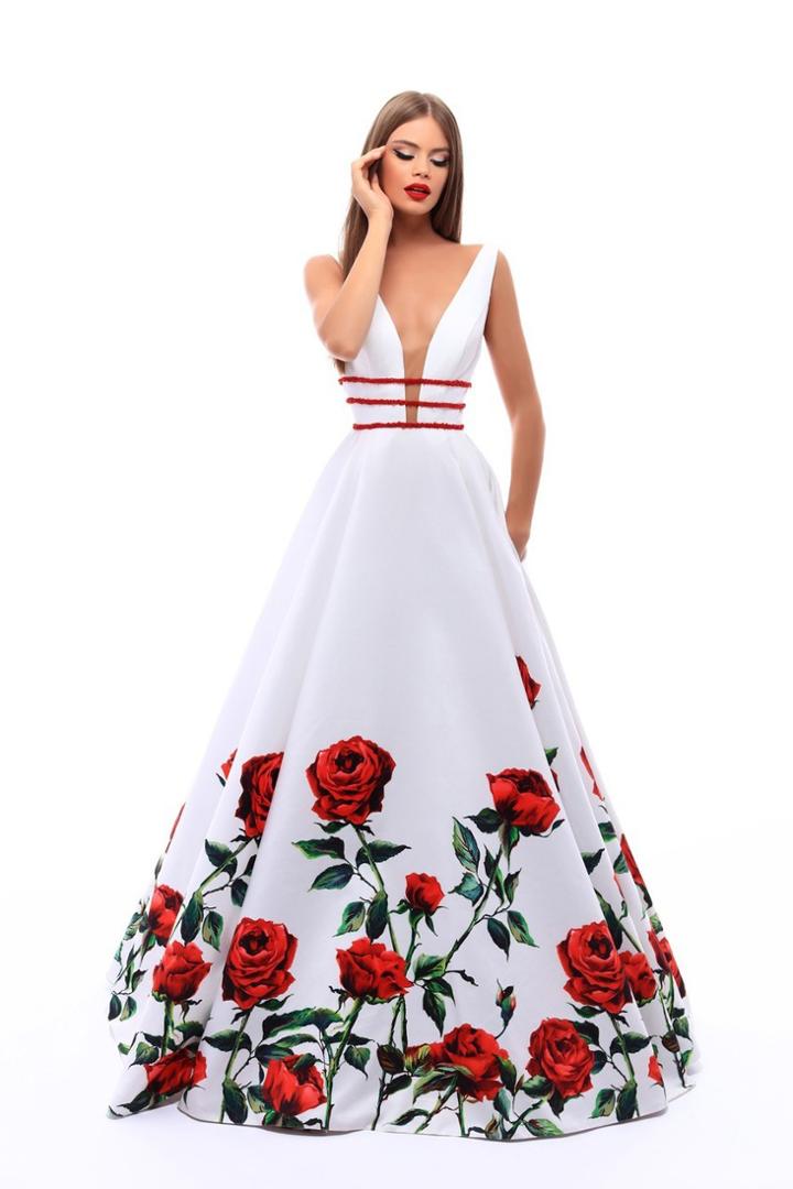Tarik Ediz - 50275 Deep V-neck Floral Print Ballgown