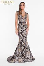 Terani Couture - 1823e7351 Sequined Lace Deep V-neck Trumpet Dress