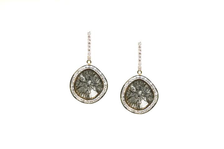 Tresor Collection - Diamond Slice With Pave Diamond Frame Earrings In 18k Yellow Gold