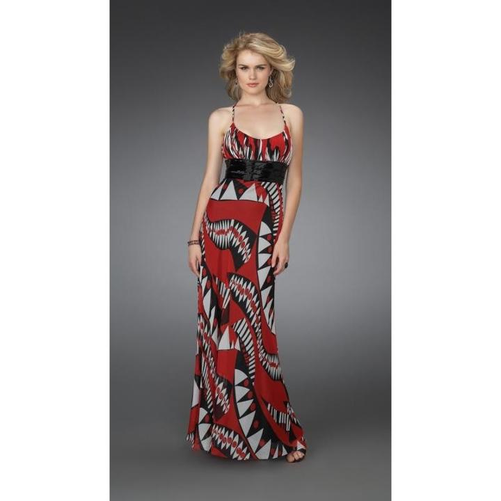 La Femme - Long Printed Dress With Pleated Waistband 14359