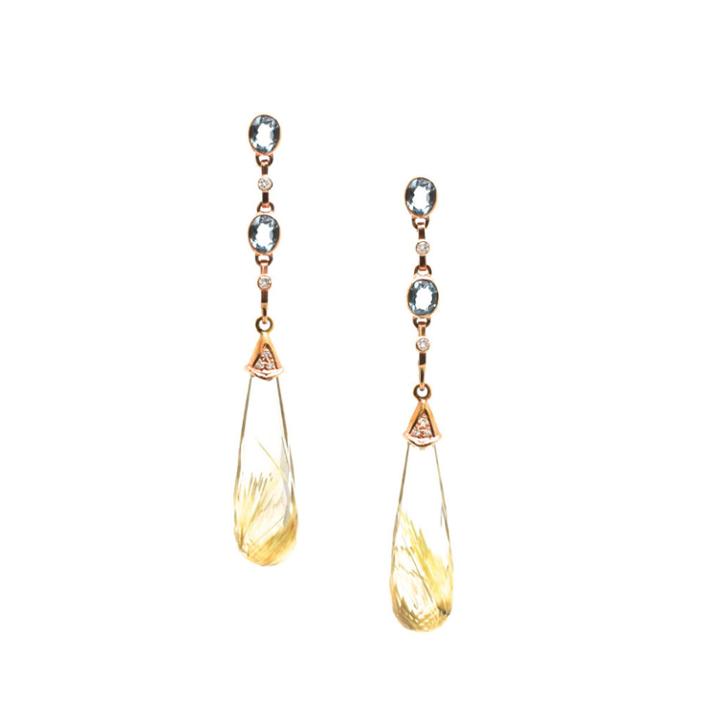 Tresor Collection - Sky Blue Topaz Tops With Golden Rutile Interchangeable Drops In 18k Rose Gold