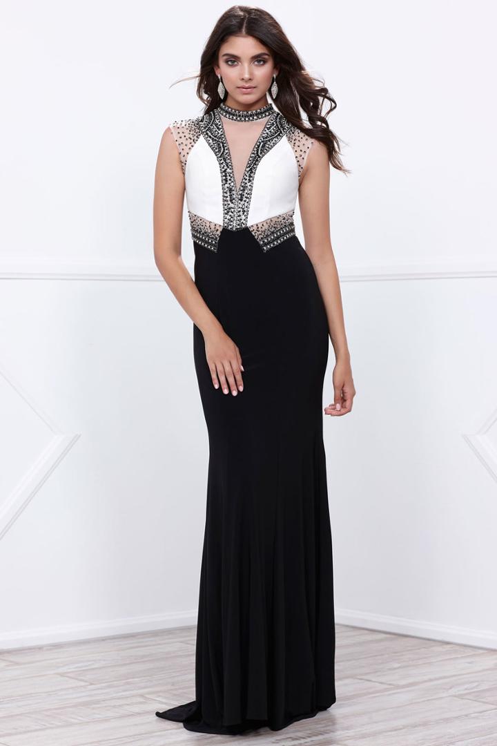 Nox Anabel - Contrast Jewel Illusion Long Dress With Embellished Paneled Details 8364